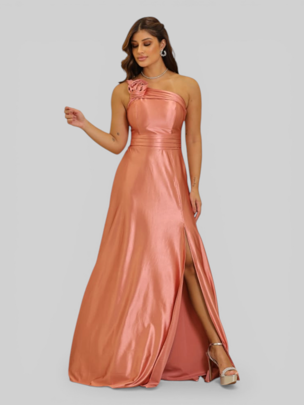 Vestido de Festa Longo Acetinado Alça Ùnica Florescer