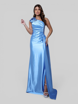 Vestido de Festa Longo Acetinado Nula Manga Capa Navona