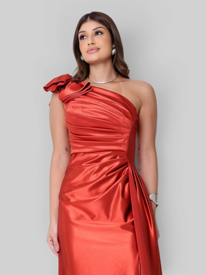 Vestido de Festa Longo Acetinado Nula Manga Capa Navona