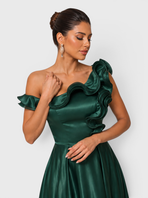 Vestido de Festa Longo Acetinado Nula Manga Flores