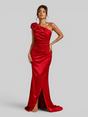 Vestido de Festa Longo Acetinado Nula Manga com Flor Magda