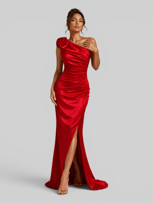 Vestido de Festa Longo Acetinado Nula Manga com Flor Magda