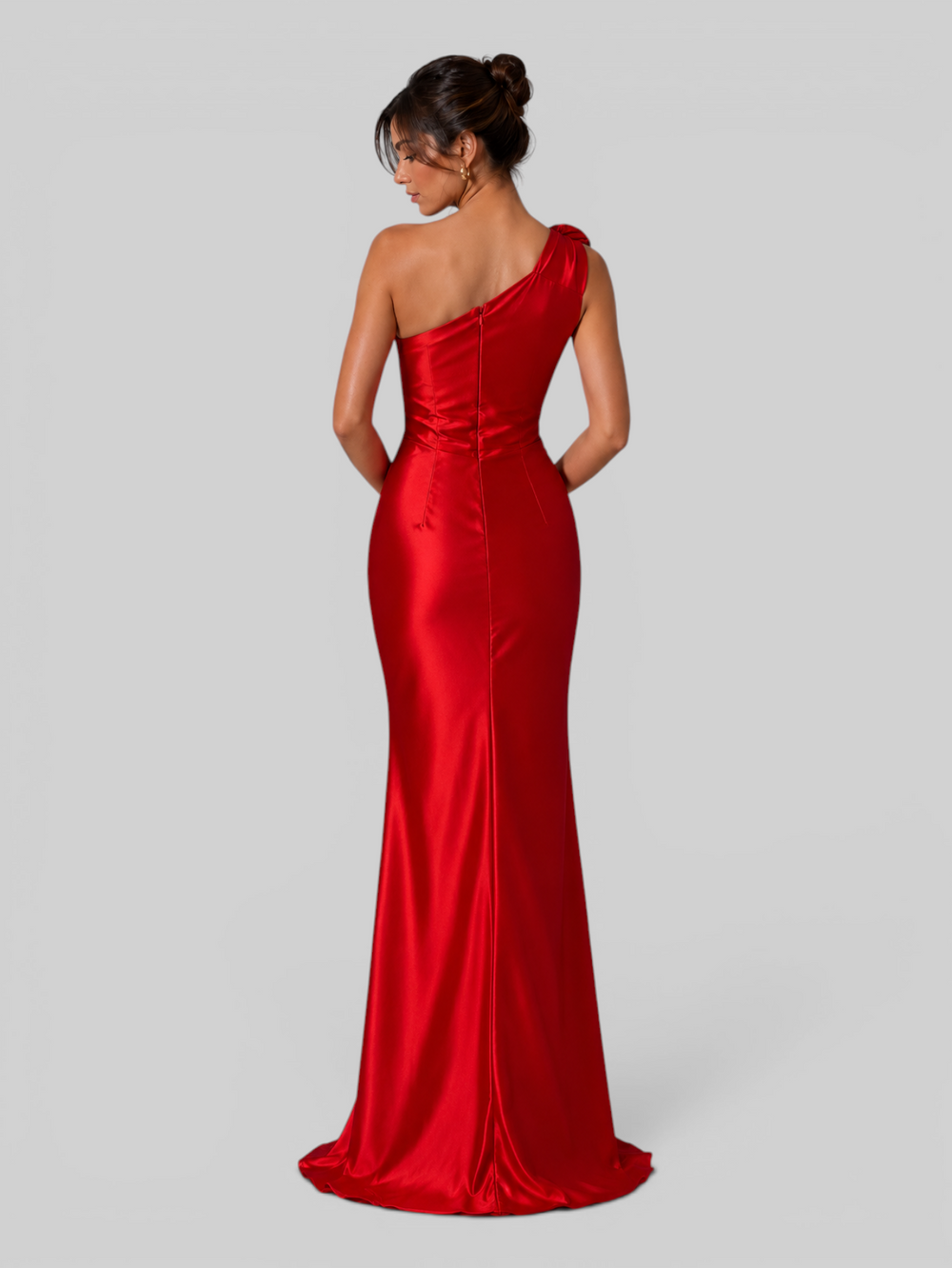 Vestido de Festa Longo Acetinado Nula Manga com Flor Magda
