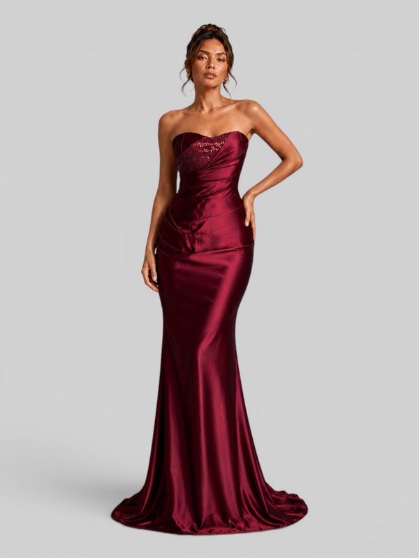 Vestido de Festa Longo Acetinado Tomara que Caia com Paetê Penelope