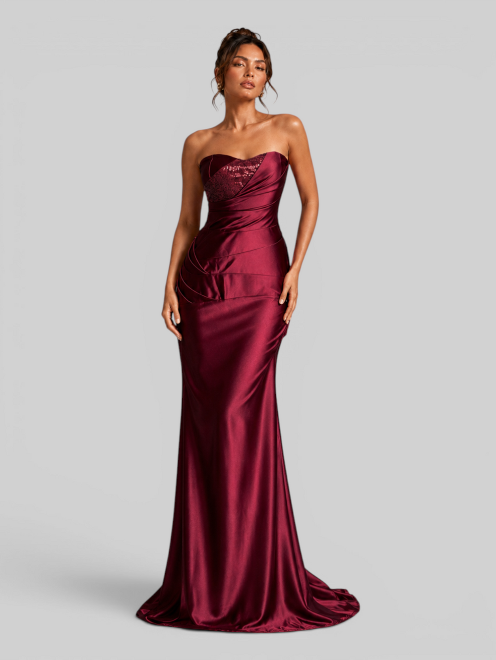 Vestido de Festa Longo Acetinado Tomara que Caia com Paetê Penelope