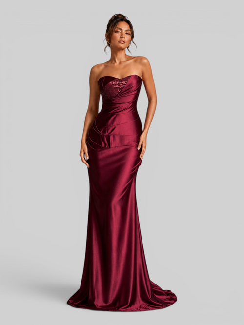Vestido de Festa Longo Acetinado Tomara que Caia com Paetê Penelope