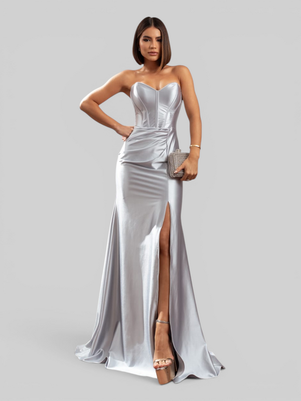 Vestido de Festa Longo Acetinado com Fenda Itália New