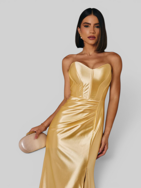 Vestido de Festa Longo Acetinado com Fenda Itália New