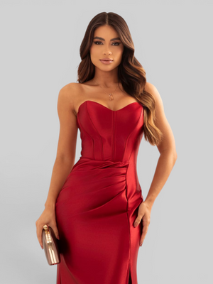 Vestido de Festa Longo Acetinado com Fenda Itália New
