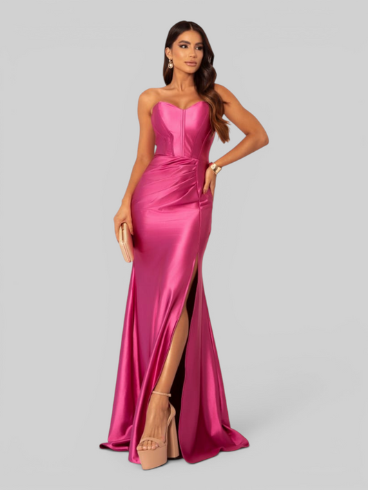 Vestido de Festa Longo Acetinado com Fenda Itália New