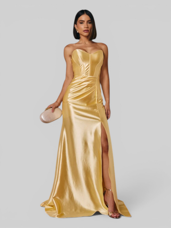 Vestido de Festa Longo Acetinado com Fenda Itália New
