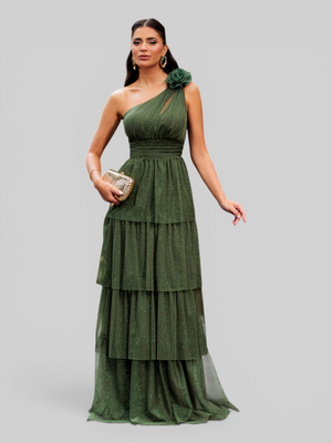 Vestido de Festa Longo Alça Única Camadas com Brilho Flowers