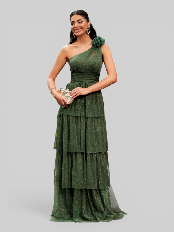 Vestido de Festa Longo Alça Única Camadas com Brilho Flowers