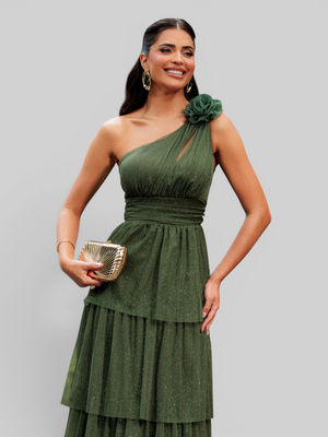 Vestido de Festa Longo Alça Única Camadas com Brilho Flowers