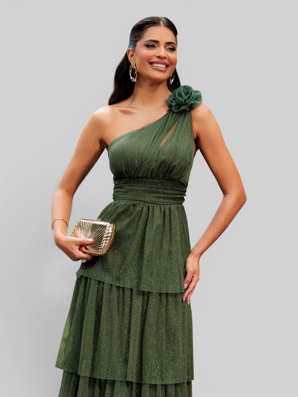 Vestido de Festa Longo Alça Única Camadas com Brilho Flowers