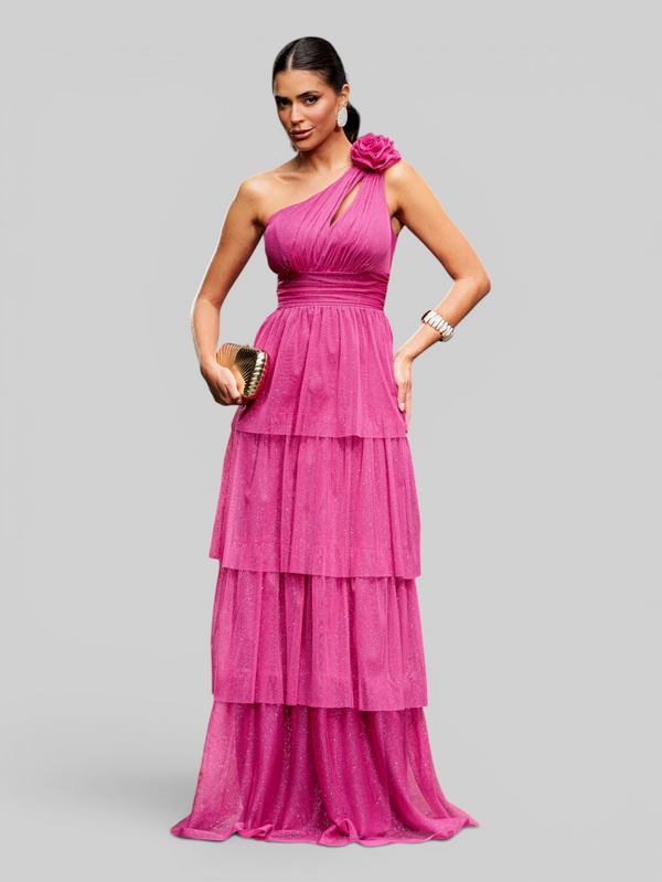 Vestido de Festa Longo Alça Única Camadas com Brilho Flowers