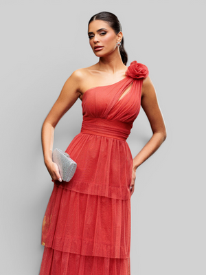 Vestido de Festa Longo Alça Única Camadas com Brilho Flowers