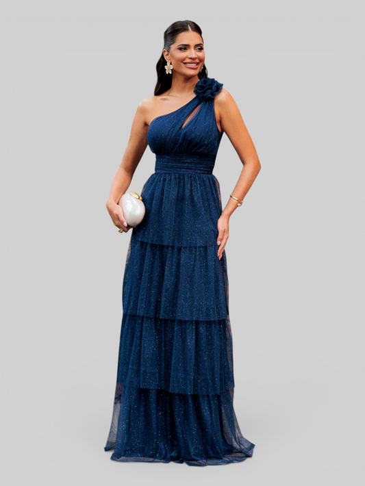 Vestido de Festa Longo Alça Única Camadas com Brilho Flowers