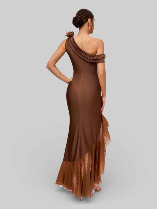 Vestido de Festa Longo Assimétrico Babados