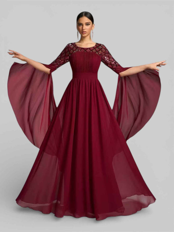 Vestido de Festa Longo Bordado Manga Capa Aurora Paetê