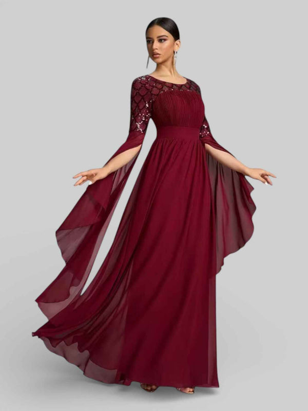 Vestido de Festa Longo Bordado Manga Capa Aurora Paetê