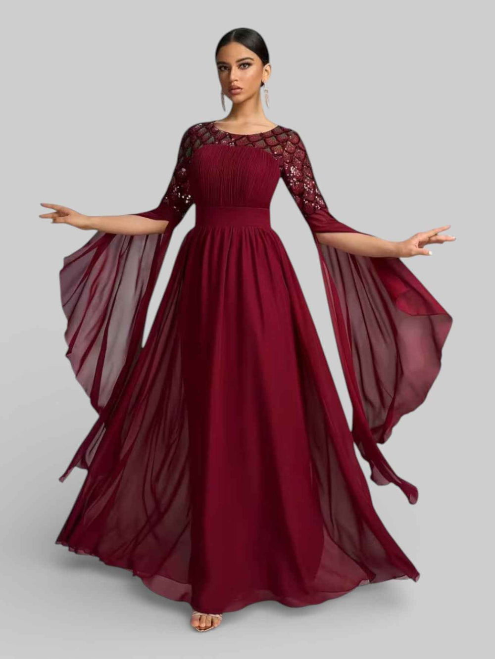 Vestido de Festa Longo Bordado Manga Capa Aurora Paetê