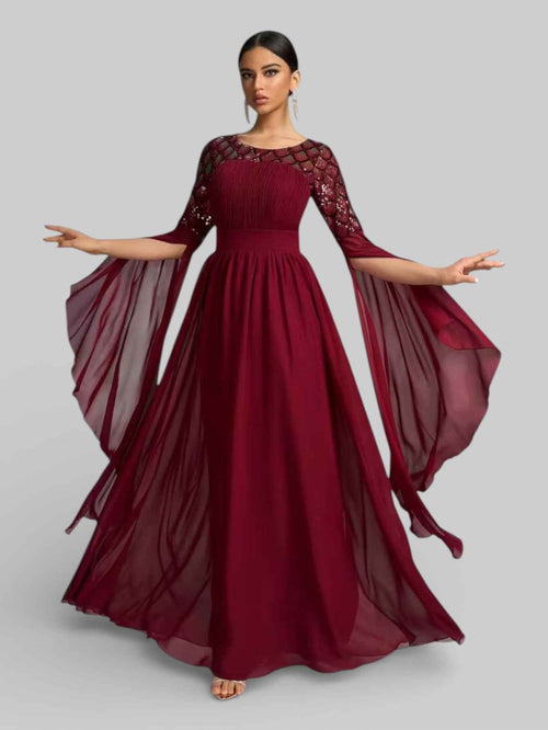 Vestido de Festa Longo Bordado Manga Capa Aurora Paetê
