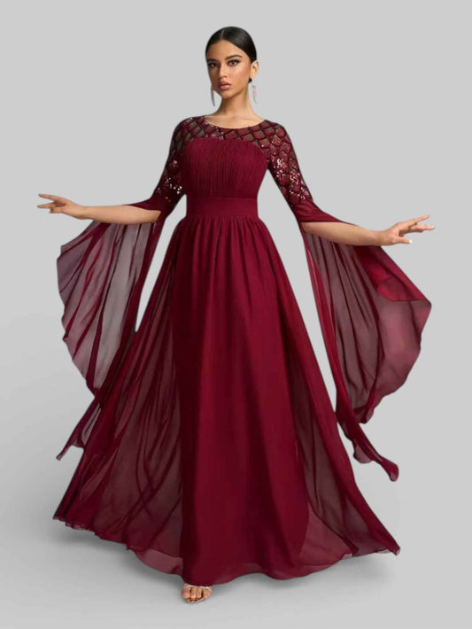 Vestido de Festa Longo Bordado Manga Capa Aurora Paetê