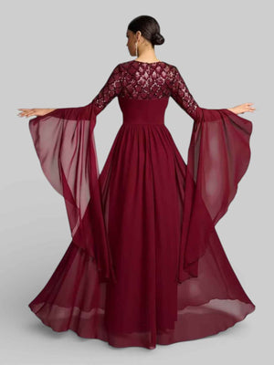 Vestido de Festa Longo Bordado Manga Capa Aurora Paetê