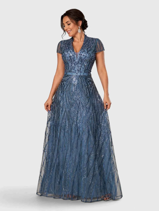 Vestido de Festa Longo Bordado com Pérolas, Paetês Aurea
