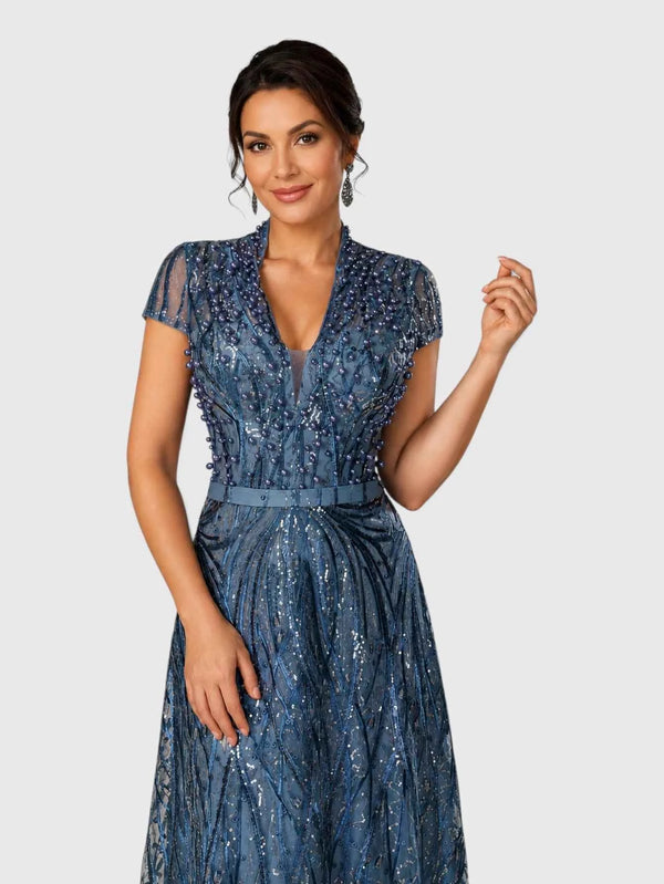 Vestido de Festa Longo Bordado com Pérolas, Paetês Aurea