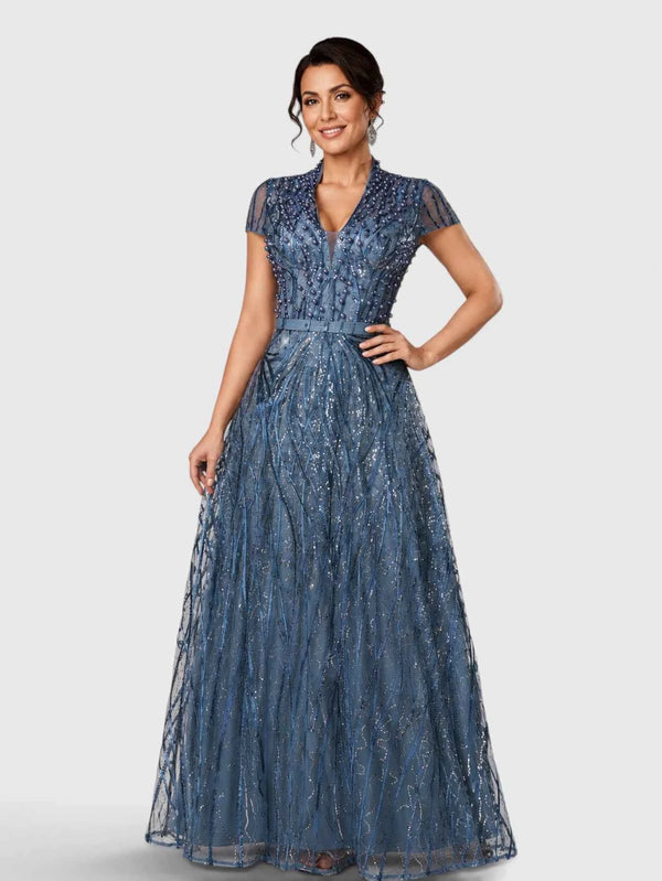 Vestido de Festa Longo Bordado com Pérolas, Paetês Aurea
