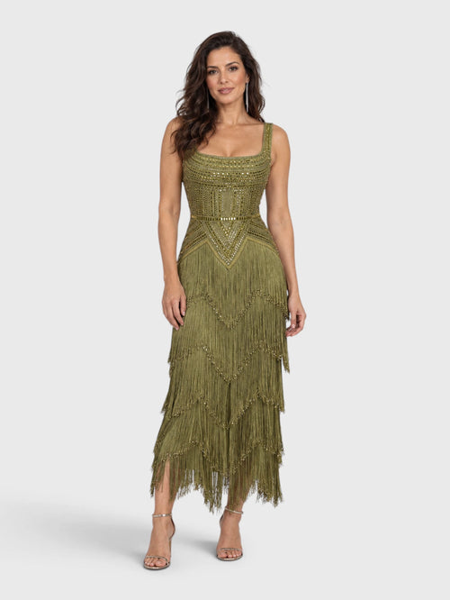 Vestido de Festa Longo Bordado em Paetê e Franjas Tamiris