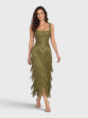 Vestido de Festa Longo Bordado em Paetê e Franjas Tamiris