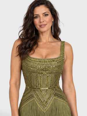 Vestido de Festa Longo Bordado em Paetê e Franjas Tamiris