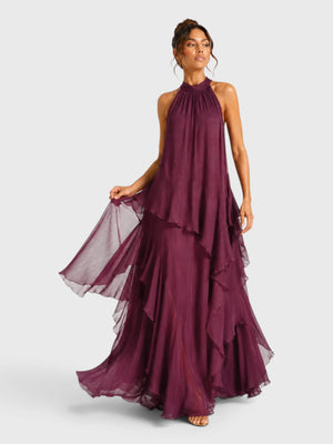 Vestido de Festa Longo Camadas Gola Halter Linear
