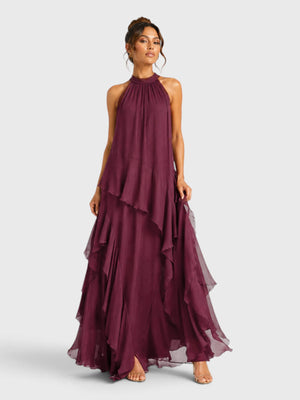 Vestido de Festa Longo Camadas Gola Halter Linear