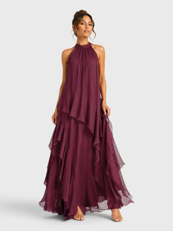 Vestido de Festa Longo Camadas Gola Halter Linear