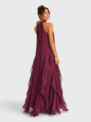 Vestido de Festa Longo Camadas Gola Halter Linear
