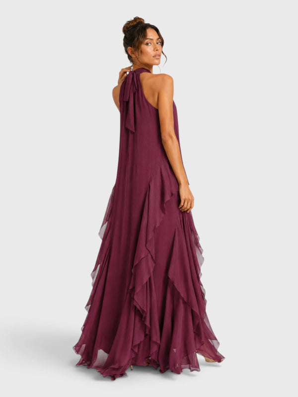 Vestido de Festa Longo Camadas Gola Halter Linear
