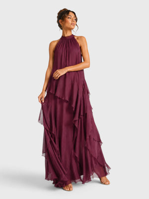 Vestido de Festa Longo Camadas Gola Halter Linear