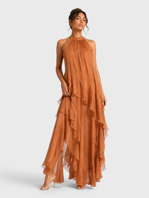 Vestido de Festa Longo Camadas Gola Halter Linear
