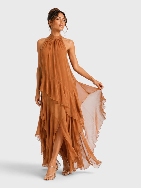 Vestido de Festa Longo Camadas Gola Halter Linear