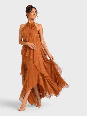Vestido de Festa Longo Camadas Gola Halter Linear