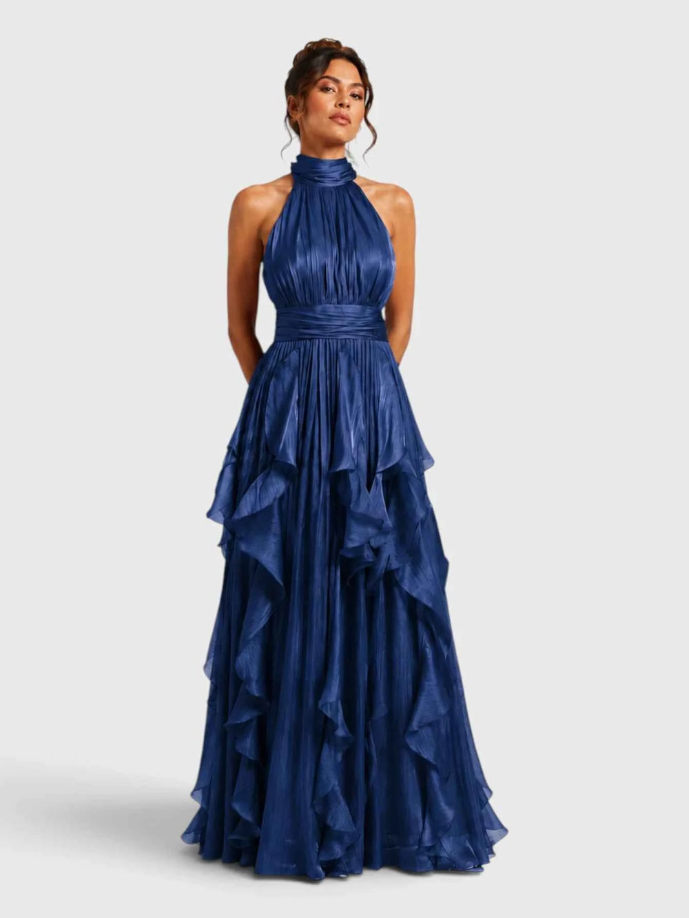 Vestido de Festa Longo Camadas com Brilho Metalizado Fine