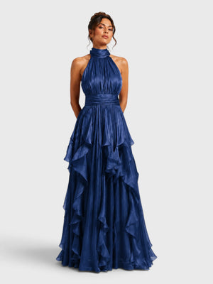Vestido de Festa Longo Camadas com Brilho Metalizado Fine