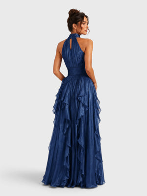 Vestido de Festa Longo Camadas com Brilho Metalizado Fine