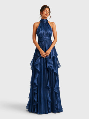 Vestido de Festa Longo Camadas com Brilho Metalizado Fine