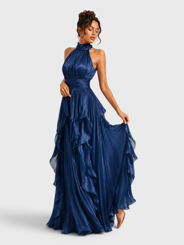 Vestido de Festa Longo Camadas com Brilho Metalizado Fine