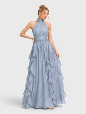 Vestido de Festa Longo Camadas com Brilho Metalizado Fine